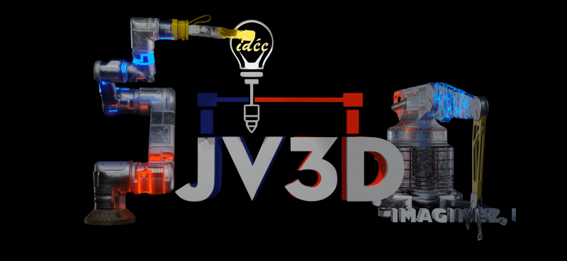 Logo JV3D animé avec bras robotisés